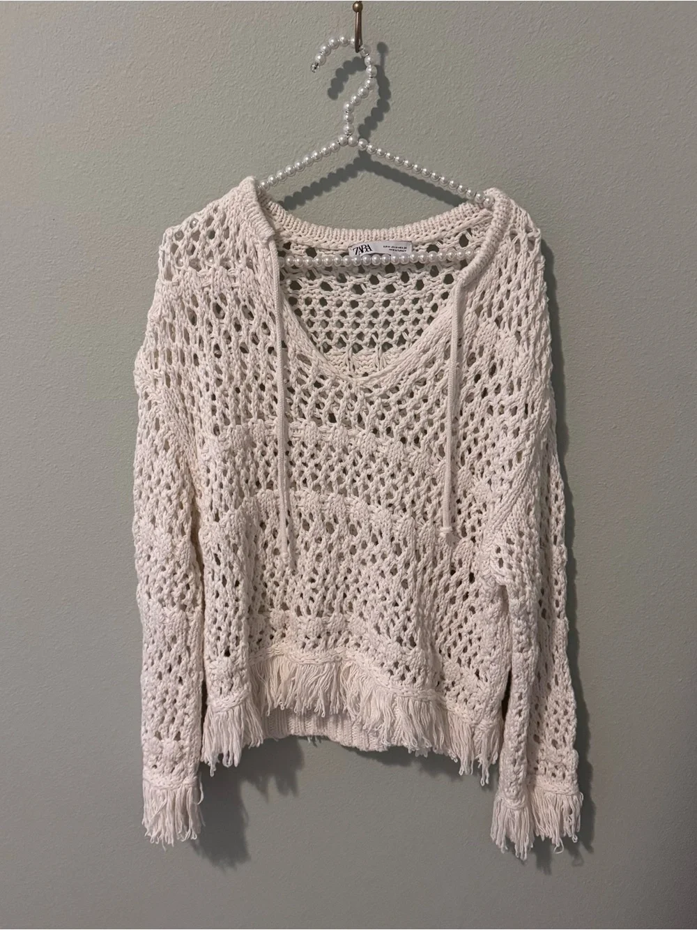 Zara Cream Open-Weave Fringe Pullover
